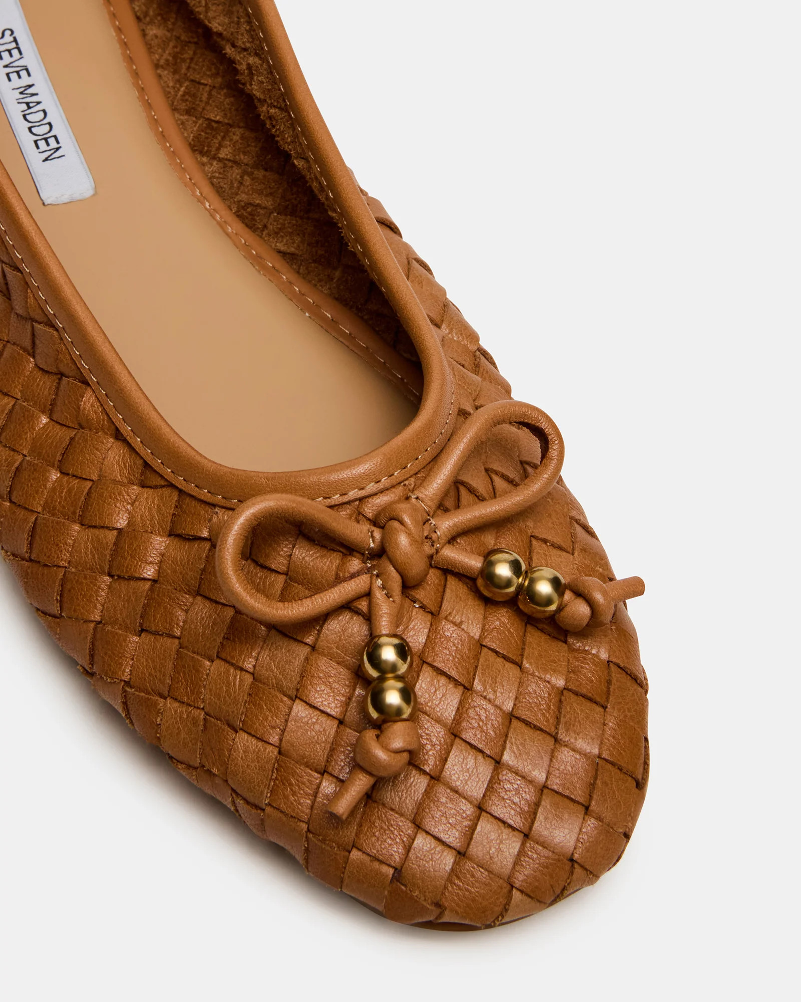 DIVY Cognac Leather Woven Bow Ballet Round-Toe Women's Flat | Steve Madden (US)