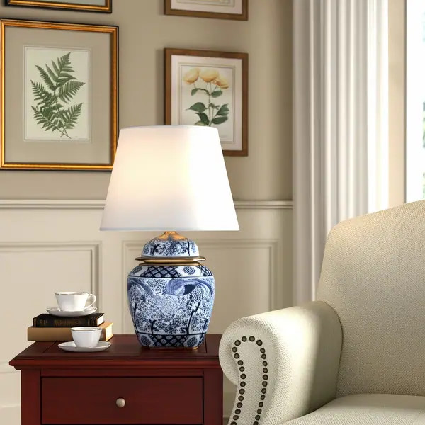 Ceramic Table Lamp Drum Shade Chinoiserie - 18" White/Blue - 12" x 12" x 18" | Bed Bath & Beyond