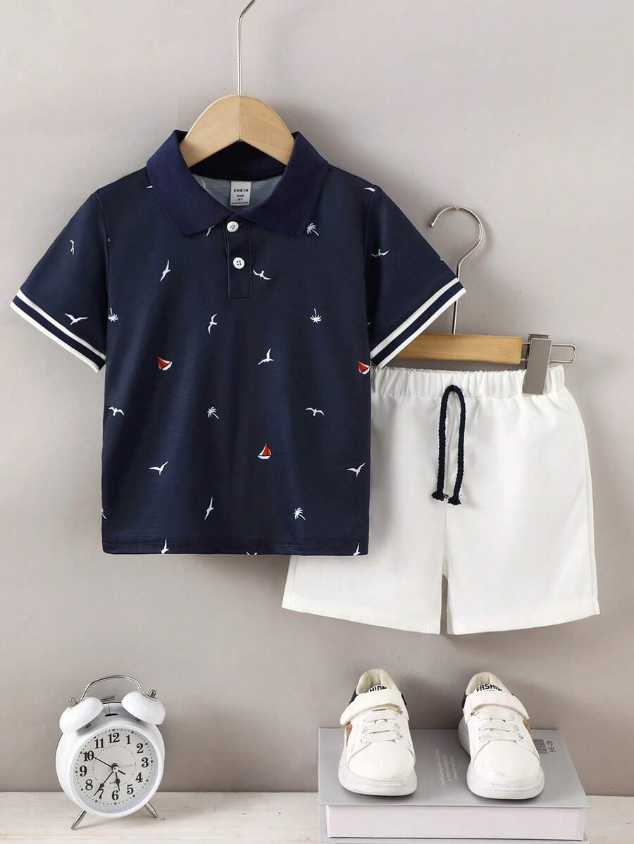 SHEIN Conjunto de camiseta casual de cuello con solapa estilo universitario para niño joven, ver... | SHEIN