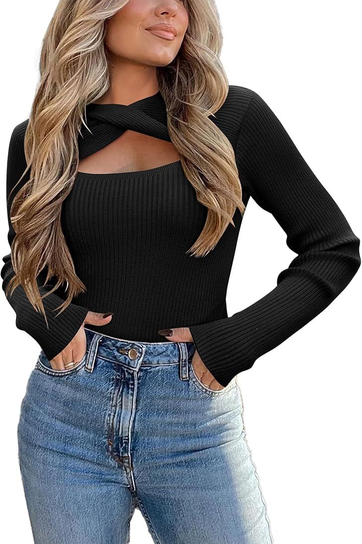 Women's 2023 Pullover Sweaters Long Sleeve Cutout Knit Lightweight Crew Neck Fall Tops S-XXL | Amazon (US)