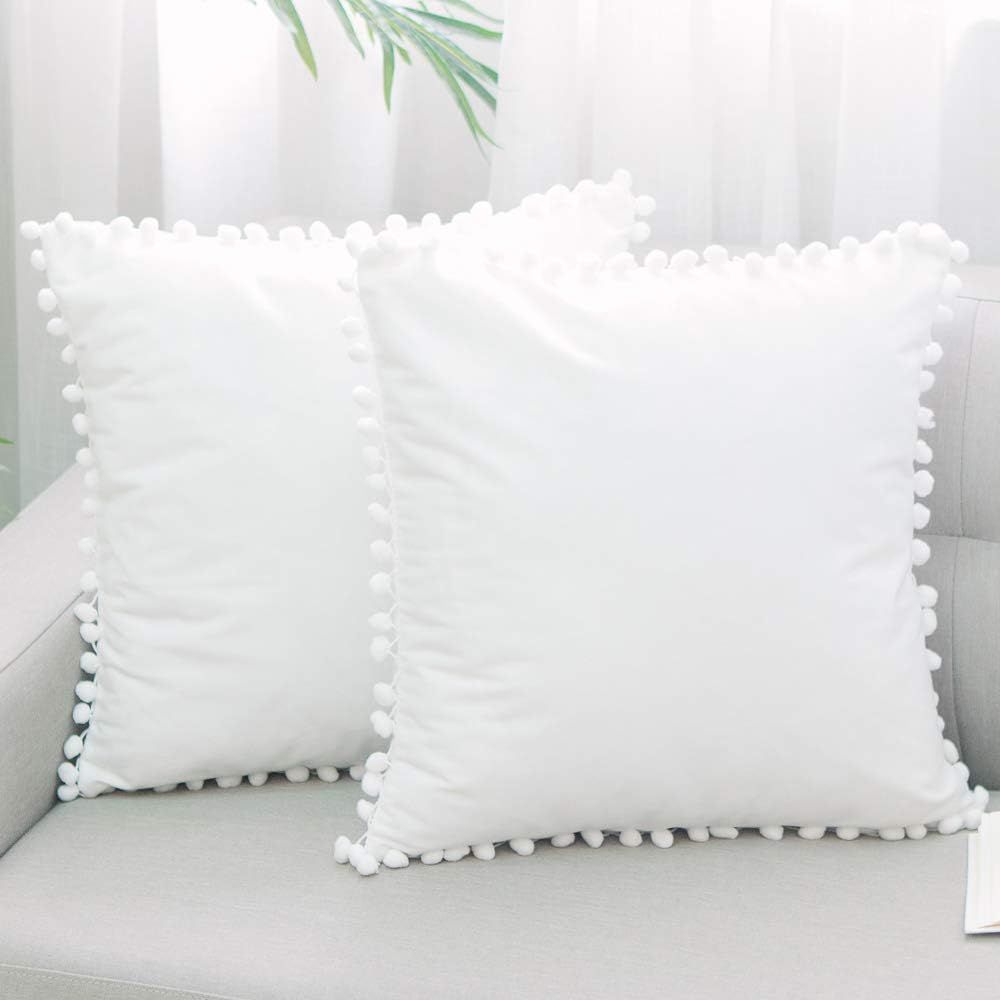 NATUS WEAVER Pack of 2,Soft Velvet Pom Poms White Throw Pillow Cover Cushion Case for Couch Sofa ... | Amazon (US)