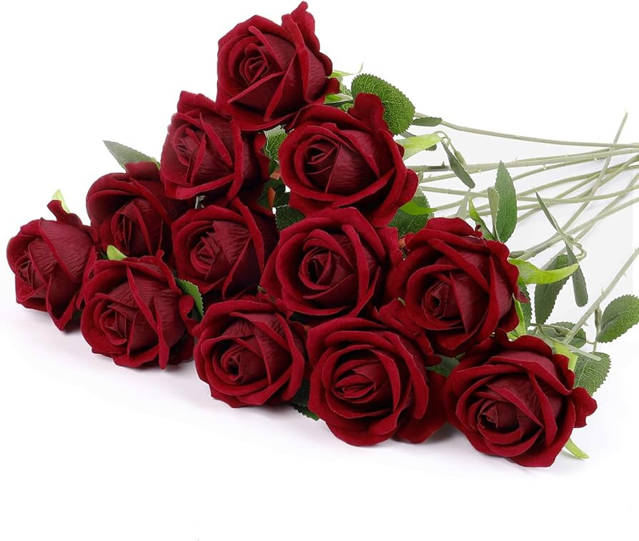 12 Pcs Artificial Rose Flowers, Dark Red Silk Roses with Long Stems, Realistic Fake Roses for Wed... | Amazon (US)