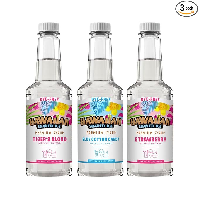 Hawaiian Shaved Ice Syrup Assortment, 3 Pack Dye-Free Flavors: Blue Cotton Candy, Tiger’s Blood... | Amazon (US)
