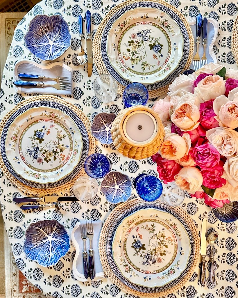 Spring table featuring block print tablecloth, rechargeable lights, lampshades, vintage china, linen napkins, cabbageware 

#LTKSeasonal #LTKfoodie #LTKHome