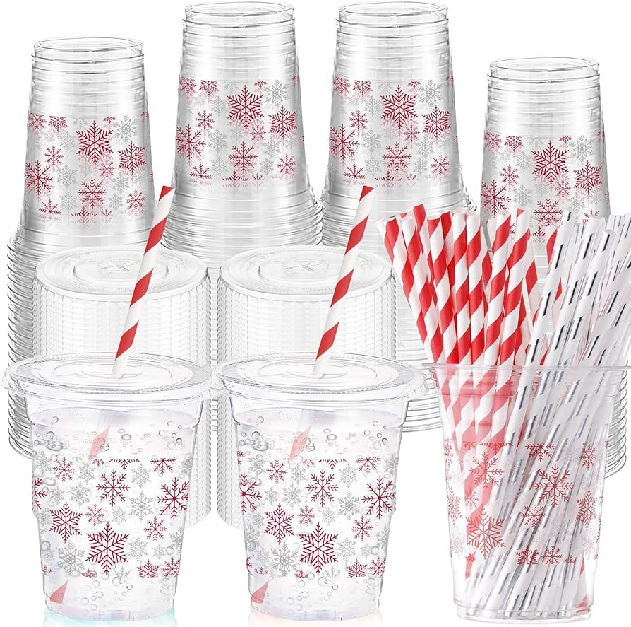 Shellwei 50 Set 16 oz Winter Snowflakes Plastic Cups with Lids and Straw Disposable Clear Ice Cof... | Amazon (US)