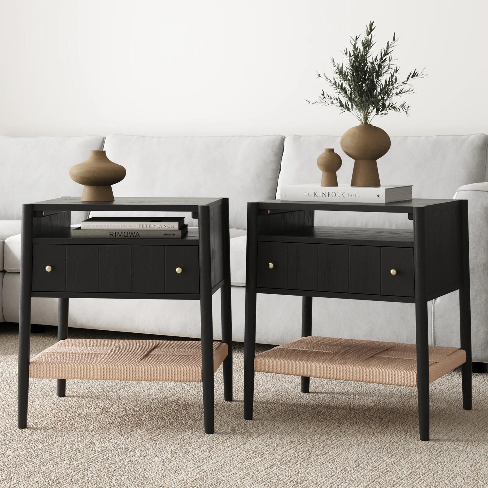 Wood Nightstand with Drawer & Seagrass Storage Black Oak (Set of 2) | Nathan James