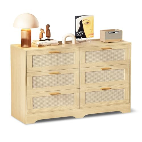 Redlife 6 Drawer Rattan Dresser for Bedroom, Modern Double Dresser with Gold Handles, Wood Storage Chest of Drawers for Closet, Living Room, Hallway and Entryway, Natural | Amazon (US)