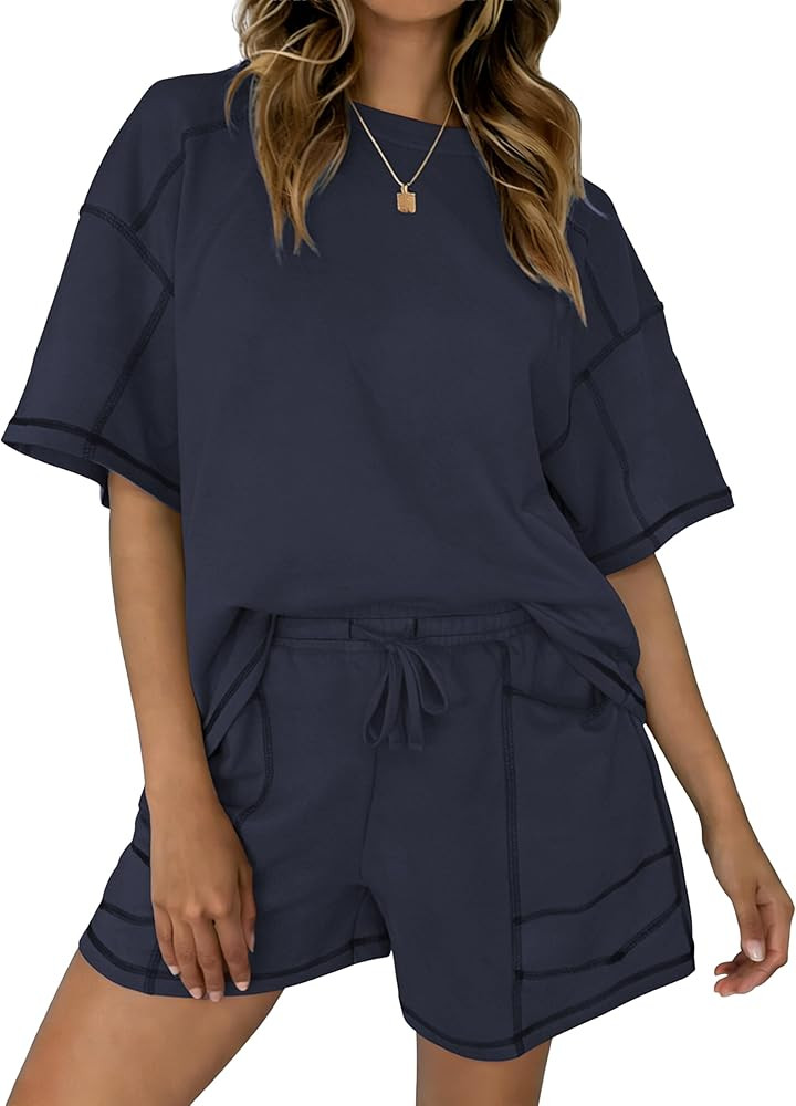 LTSCNRM Womens 2 Piece Lounge Sets Summer Casual Oversized T Shirt High Waisted Shorts with Pocke... | Amazon (US)