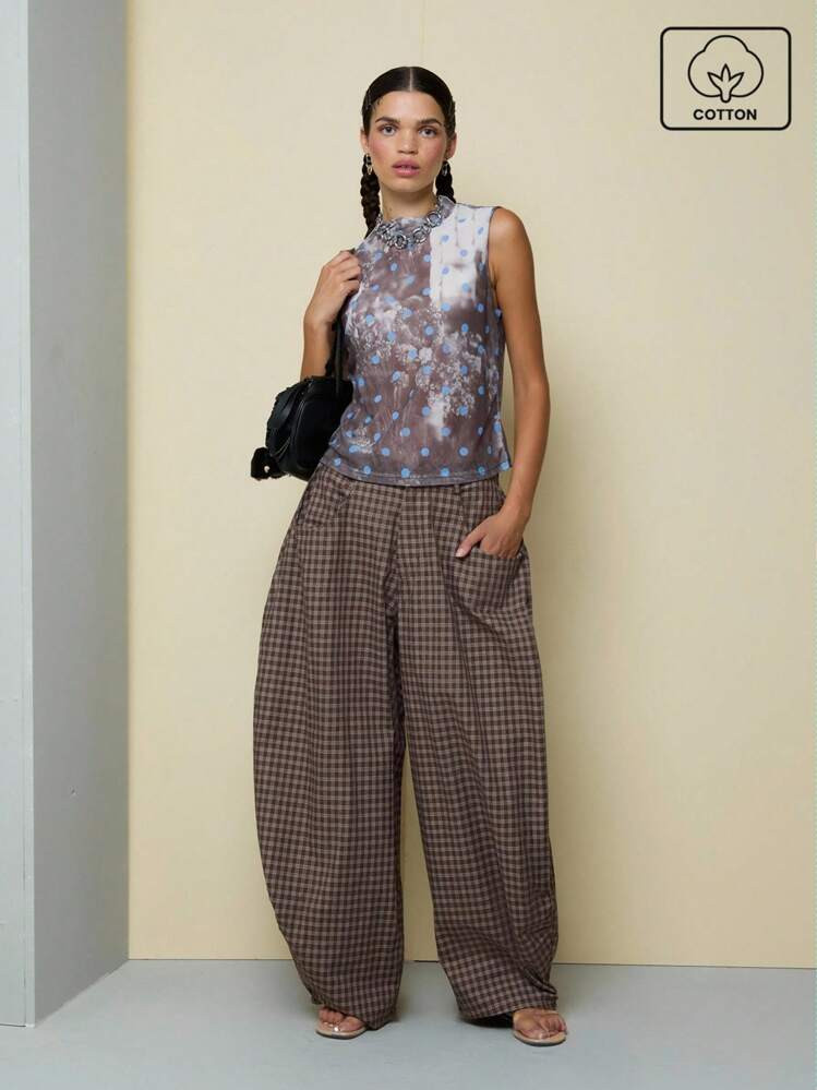 COUREZ Low Rise Baggy Barrell Fit Check Trousers /Y2K Casual Cotton Fall Women Clothes Winter Clo... | SHEIN