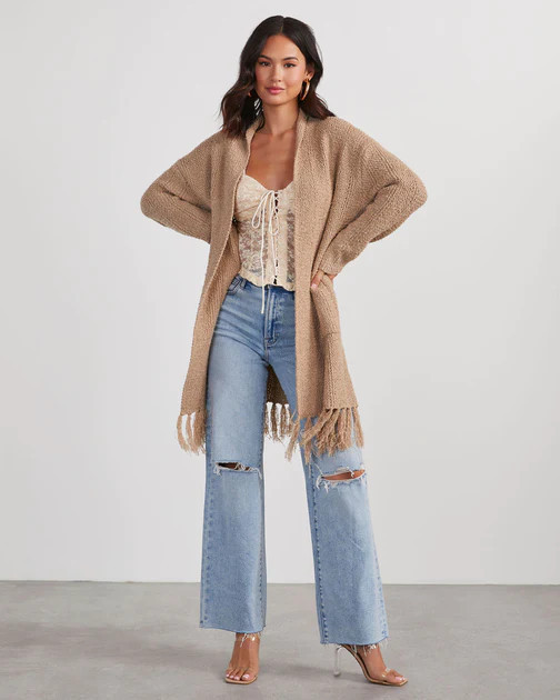 Nemah Fringe Hem Long Cardigan - Taupe | VICI