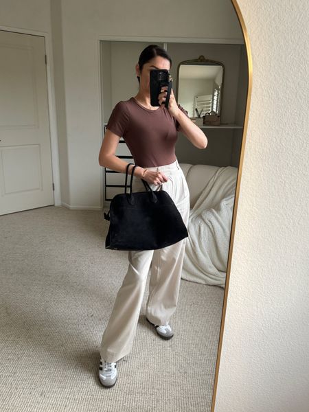 SPRING OUTFIT IDEA
Amazon bodysuit size S
Everlane wide leg trousers size 0R
The Row margaux 15 bag suedeadidas samba sneakers 👟 (tts)

#LTKstyletip #LTKfindsunder50