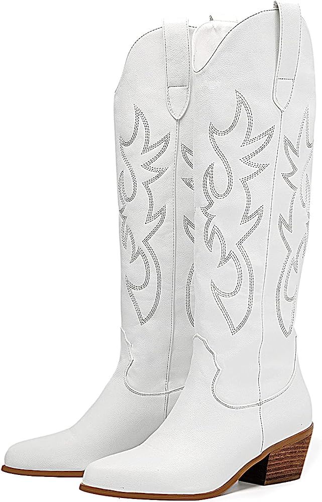 Women's Cowgirl Embroidered Western Knee High Boots, Pointed Toe Medium Chunky Heel 5cm Stitching Pu | Amazon (US)