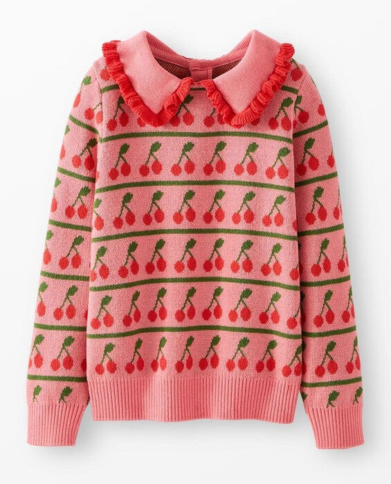 Girls' Pink Cherry Stripes Collared Pullover Sweater in 100% Cotton - Size Little Kids 5 by Hanna Andersson | Hanna Andersson