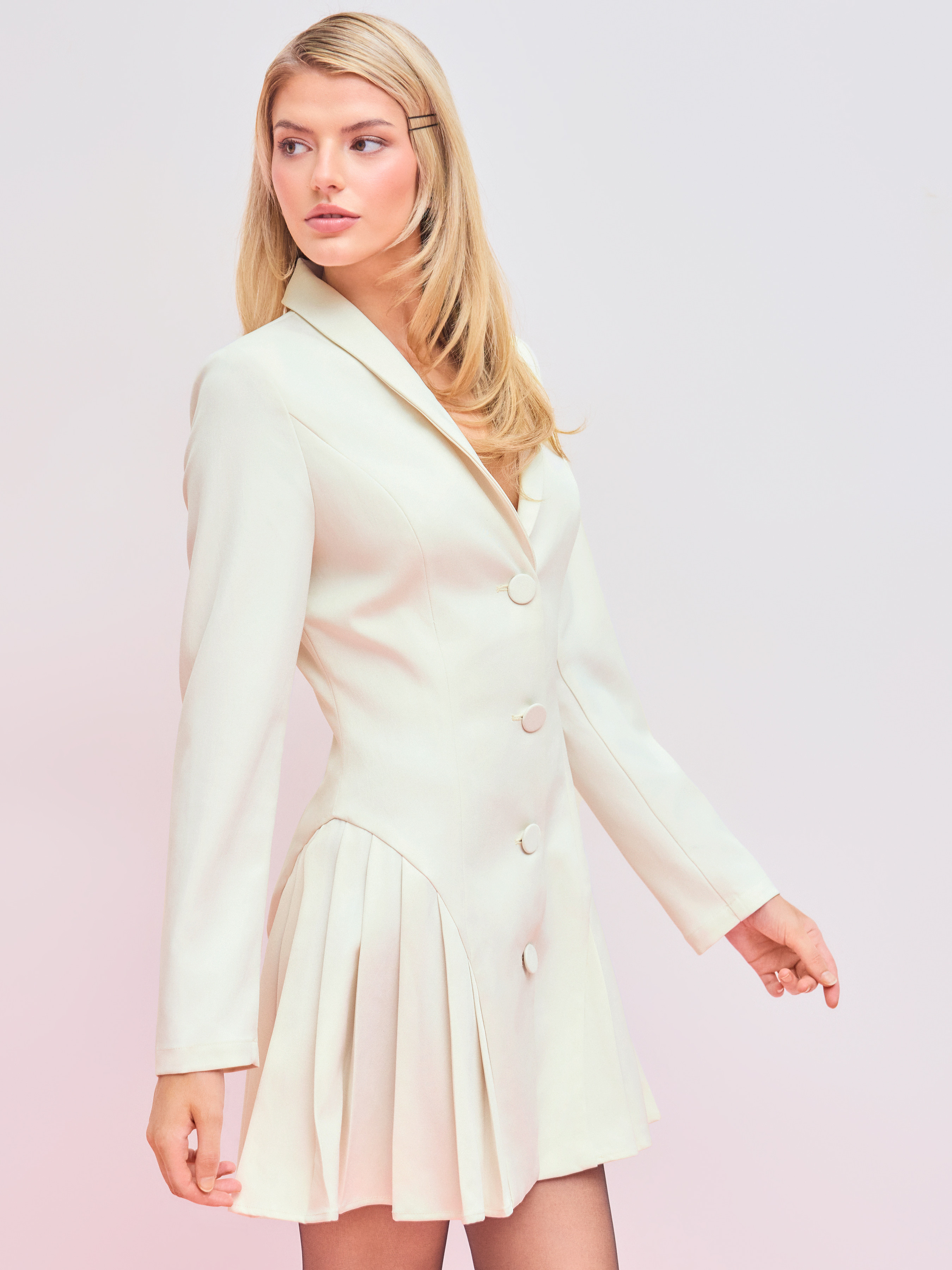 Woven Collar Solid Button Pleated Mini Blazer Dress For Work | Cider