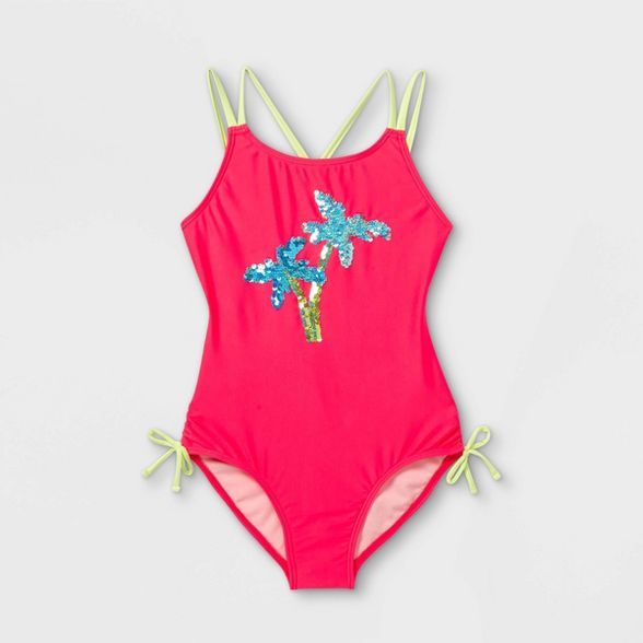 Girls' Palm Tree Flip Sequin One Piece Swimsuit - Cat & Jack™ Pink | Target