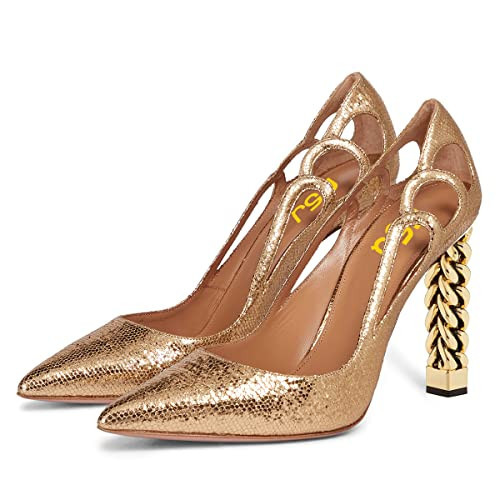 FSJ Women Gold Metal Chain Chunky High Heel Pointed Toe Slip On Fashion Pumps Shoes Size 9.5 Gold Sequins | Amazon (US)