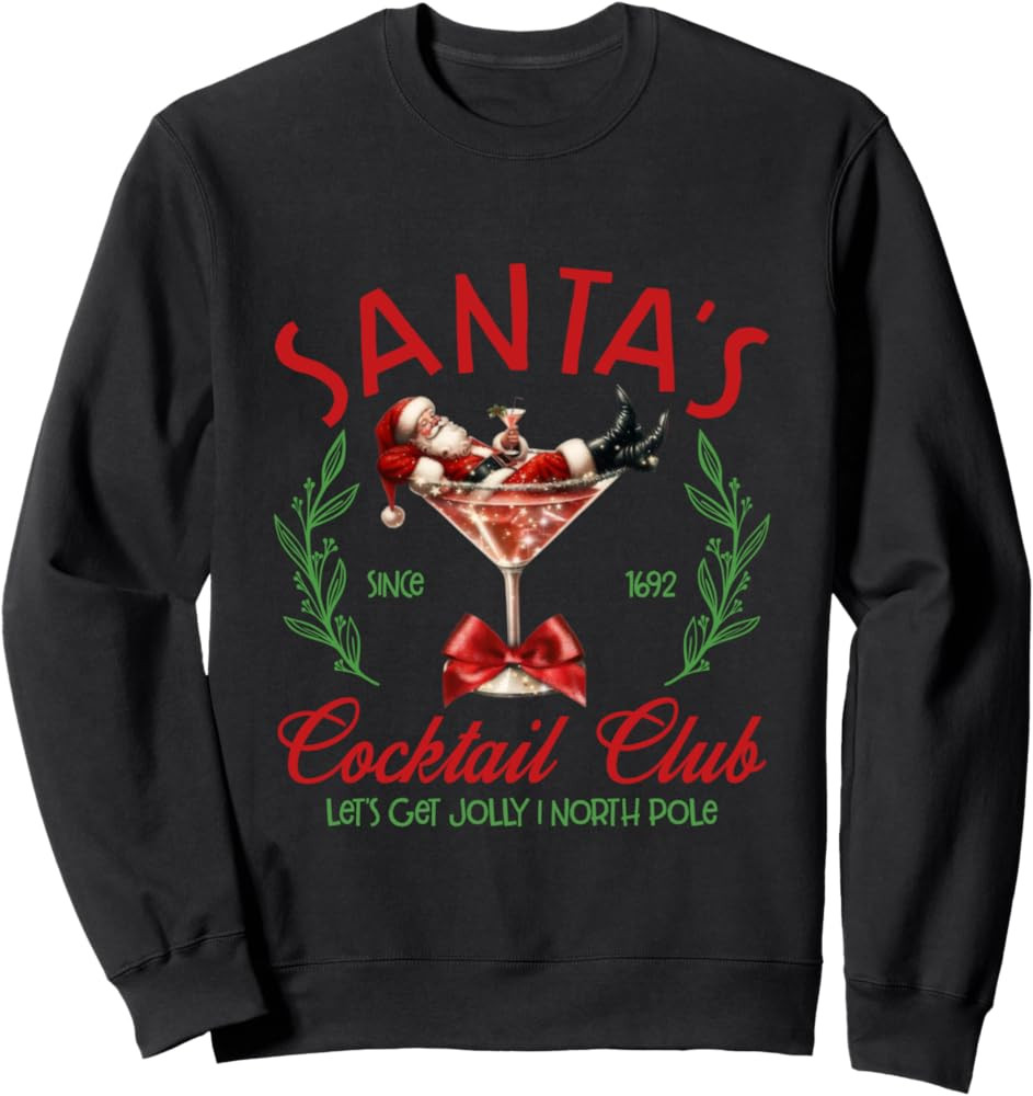 Santa's Spirit Cocktail Club Funny Christmas Drinking Wine Sweatshirt | Amazon (US)