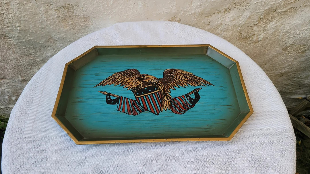 Hand-painted Metal Eagle Serving Tray, Nashco Products New York, Blue, Gold, Stars and Stripes, F... | Etsy (Global)