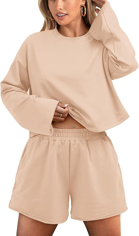 BTFBM Womens Pajama Sets Long Sleeve Top and Shorts Matching Lounge Set Loungewear Sweatsuit with... | Amazon (US)
