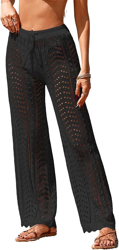 Womens Slim Fit Crochet Knit Beach Coverup Pant Summer 2026 Trendy Elastic Waist Bathing Suit Cov... | Amazon (US)
