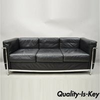 Vintage Le Corbusier Lc2 Style Black Leather Mid Century 3 Seat Chrome Sofa | Etsy (US)