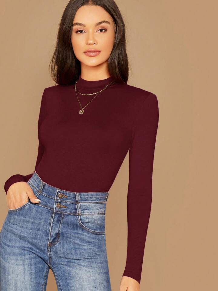 SHEIN Essnce Women's Solid Color Stand Collar Fitted Elegant Office Wear Long Sleeve T-Shirt | SHEIN