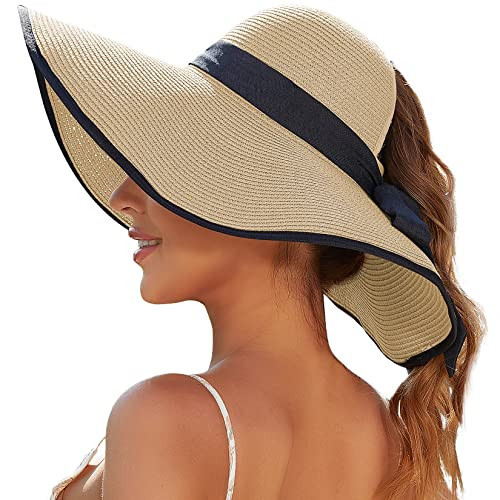Sun Beach Hats for Women with Ponytail Hole, Floppy Wide Brim Hat, Straw Summer Packable Sunhat Foldable Sun Protection Beige | Amazon (US)