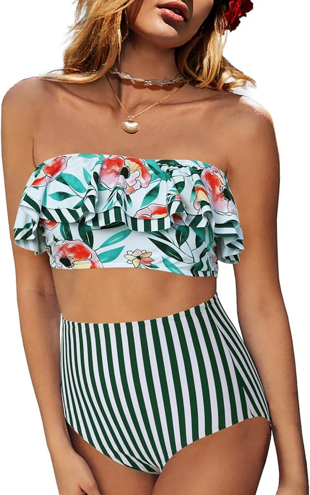 Saodimallsu Women High Waisted 2 Piece Bikini Set Bandeau Ruffle Swimsuit Top Striped Bathing Sui... | Amazon (US)