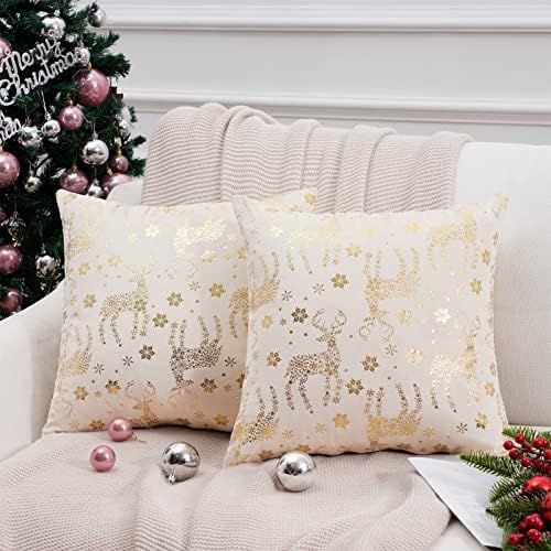 Topfinel Christmas Pillow Covers 18x18 Set of 2,Xmas Cream Gold Velvet Bronzing Snowflake Reindeer D | Amazon (US)
