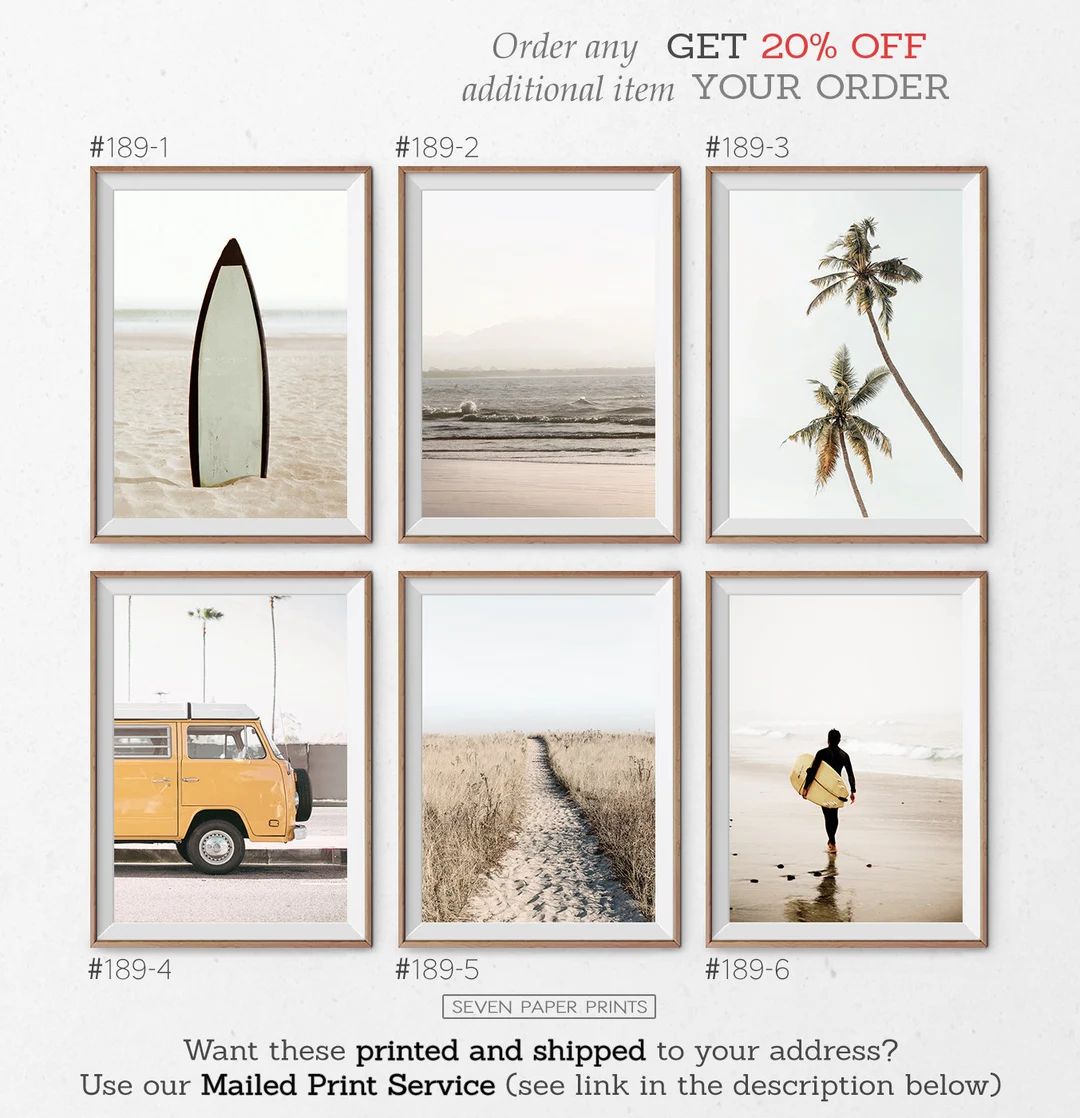 California Surf Art Set of 6, Modern Yellow Van Print, Ocean Coastal, Digital Palm Photo, Boho Se... | Etsy (US)
