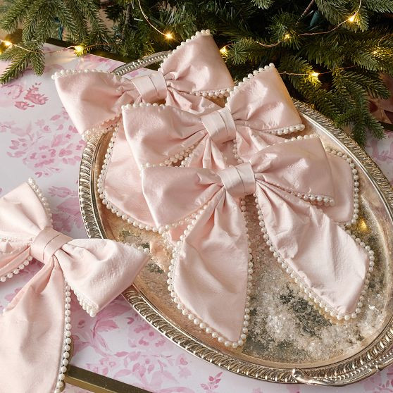LoveShackFancy Satin Bow Ornaments with Pearl Trim, Set of 4 | Pottery Barn Teen
