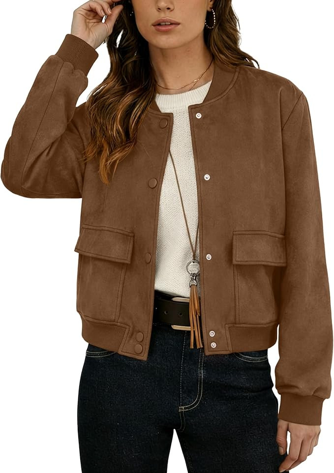 GRECERELLE Womens Faux Suede Leather Bomber Jacket Cropped Button Down Long Sleeve Casual Varsity... | Amazon (US)