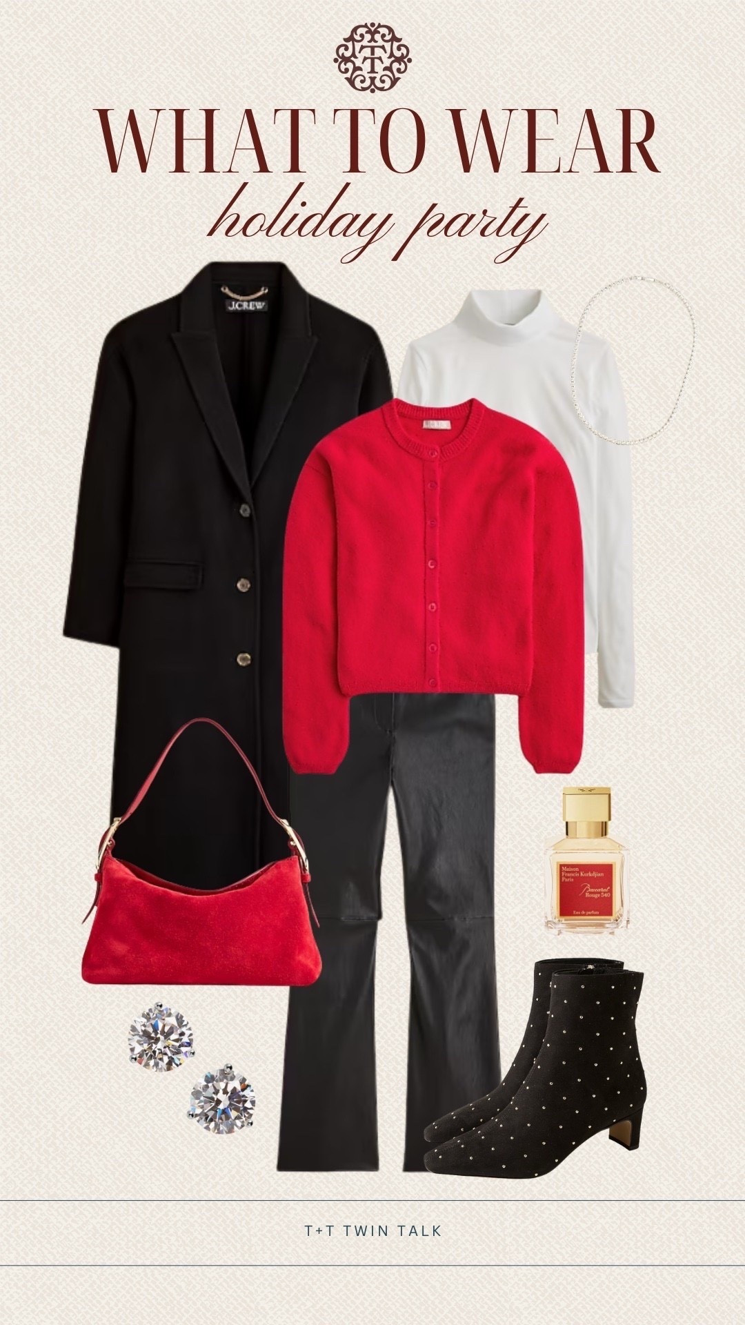 T+T, what to wear to a holiday party! We are loving this bright red J.Crew cardigan, layered over white turtleneck, and paired with faux leather pants. We would layered a coat over the top, pair with a red purse, and fun embellished booties. 

#LTKSeasonal #LTKOver40 #LTKMidsize