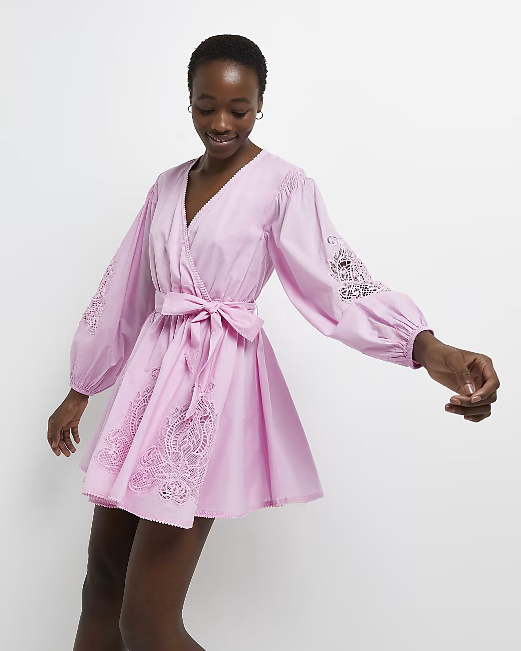 Pink embroidered wrap mini dress | River Island (UK & IE)