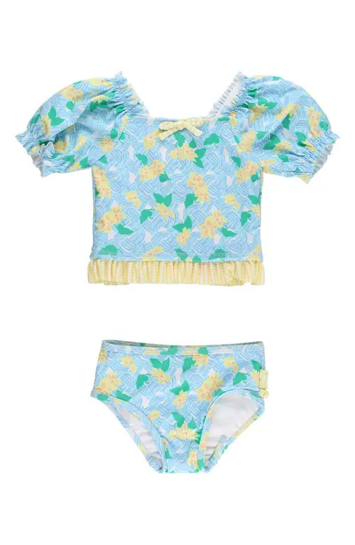 RuffleButts Kids' Blooming Basket Puff Sleeve Ruffle Two-Piece Swimsuit in Blue at Nordstrom, Size 3T | Nordstrom
