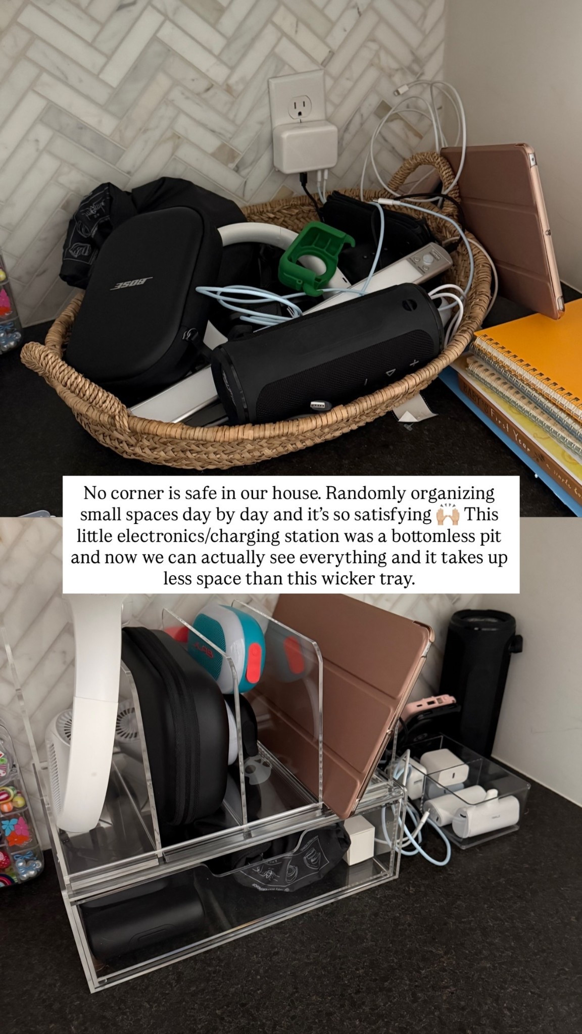 No corner is safe in our house. Randomly organizing small spaces day by day and it’s so satisfying 🙌🏼 This little electronics/charging station was a bottomless pit and now we can actually see everything and it takes up less space than this wicker tray.