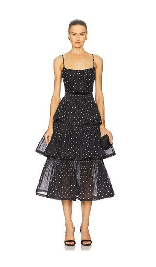 Zimmermann Pleated Tiered Midi Dress in Black & Cream Polka Dot in Black. - size 1/S | Revolve Clothing (Global)
