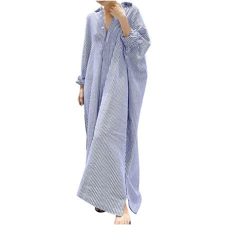 Fall Women Oversized Linen Striped Shirt Dress Maxi Button Down Cotton Blend Long Sleeve Fall Beach Dress Loose | Walmart (US)