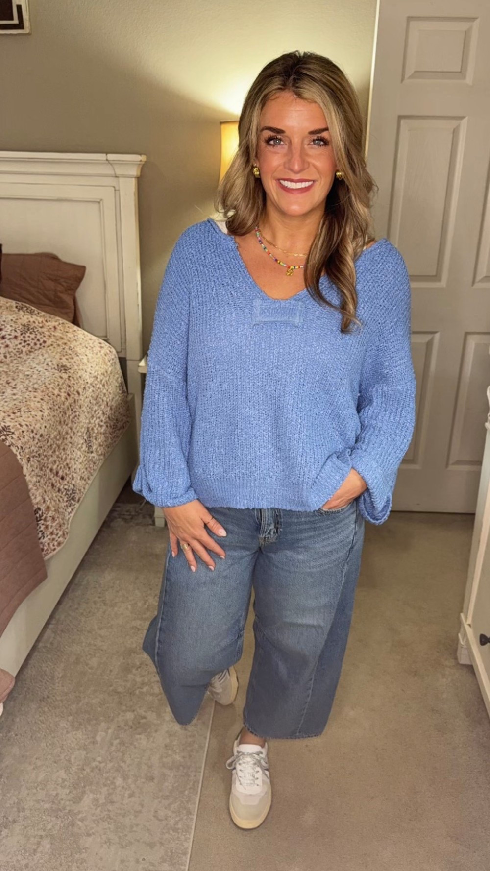 A cozy blue sweater, relaxed wide leg jeans, and neutral sneakers — the kind of casual outfit that works tor real lite. Comtortable, ettortless, and pertect for errands, casual outings, or a laid-back day at home. #OOTD #ootdinspo #comfyoutfit #comfyfit #fitcheck

#LTKootd