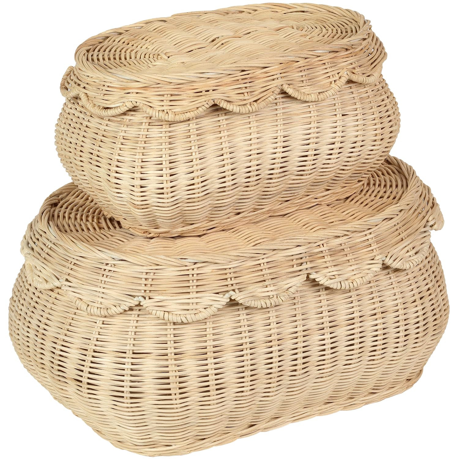 2Pcs Scalloped Baskets, Hand Woven Rattan Baskets with Lid, Small Scalloped Baskets, Wicker Stora... | Amazon (US)