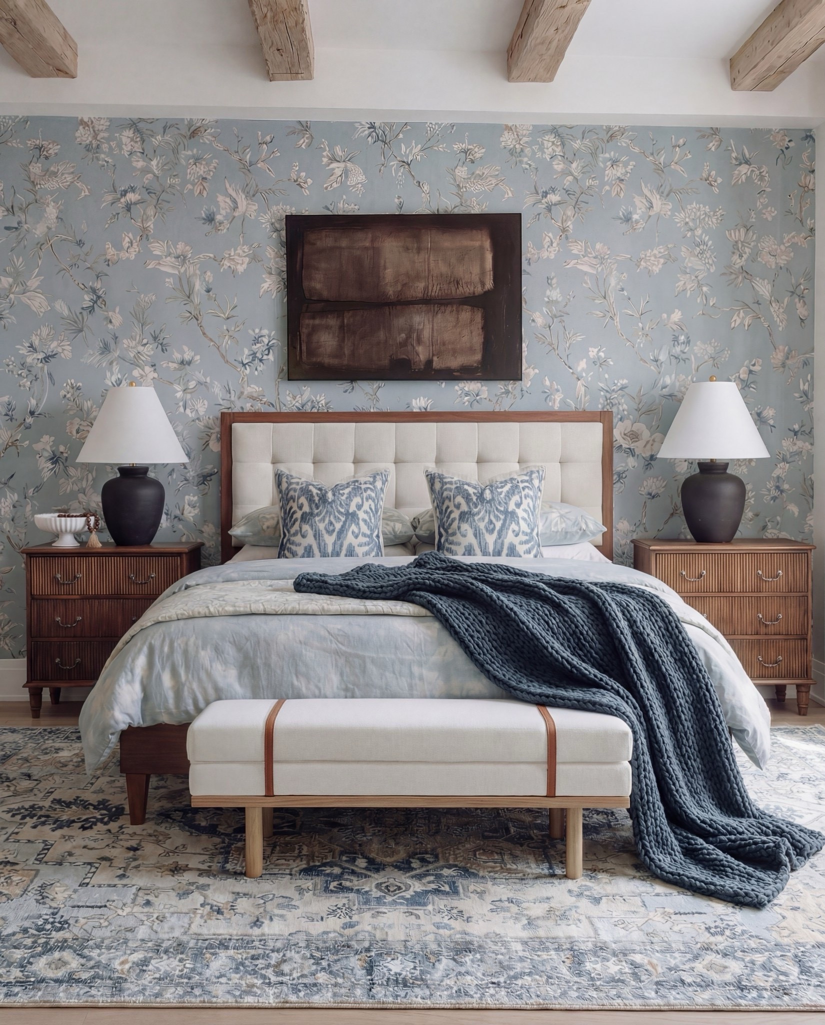 Shop the Look:
• Blue floral wallpaper (soft + vintage-inspired)
• Tufted cream headboard
• Warm wood nightstands
• Black ceramic table lamps
• Light blue duvet set
• Navy chunky knit throw
• Upholstered bench with leather detail
• Blue + beige vintage-style rug
• Sheer cream window drapes

#LTKHome #LTKSaleAlert