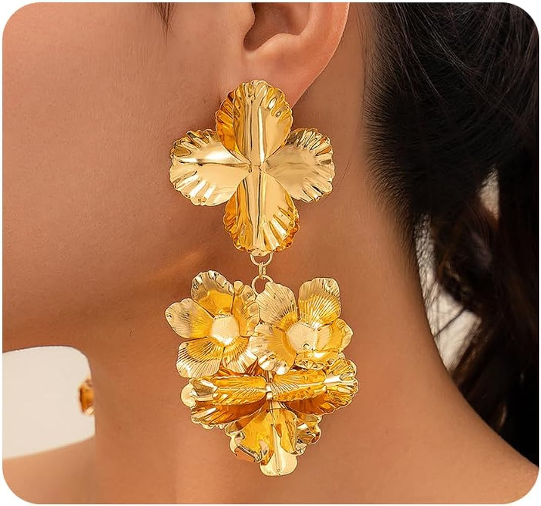 Gold Statement Flower Earrings for Women Heart Geometric Metal Pleated Floral Drop Dangle Earring... | Amazon (US)
