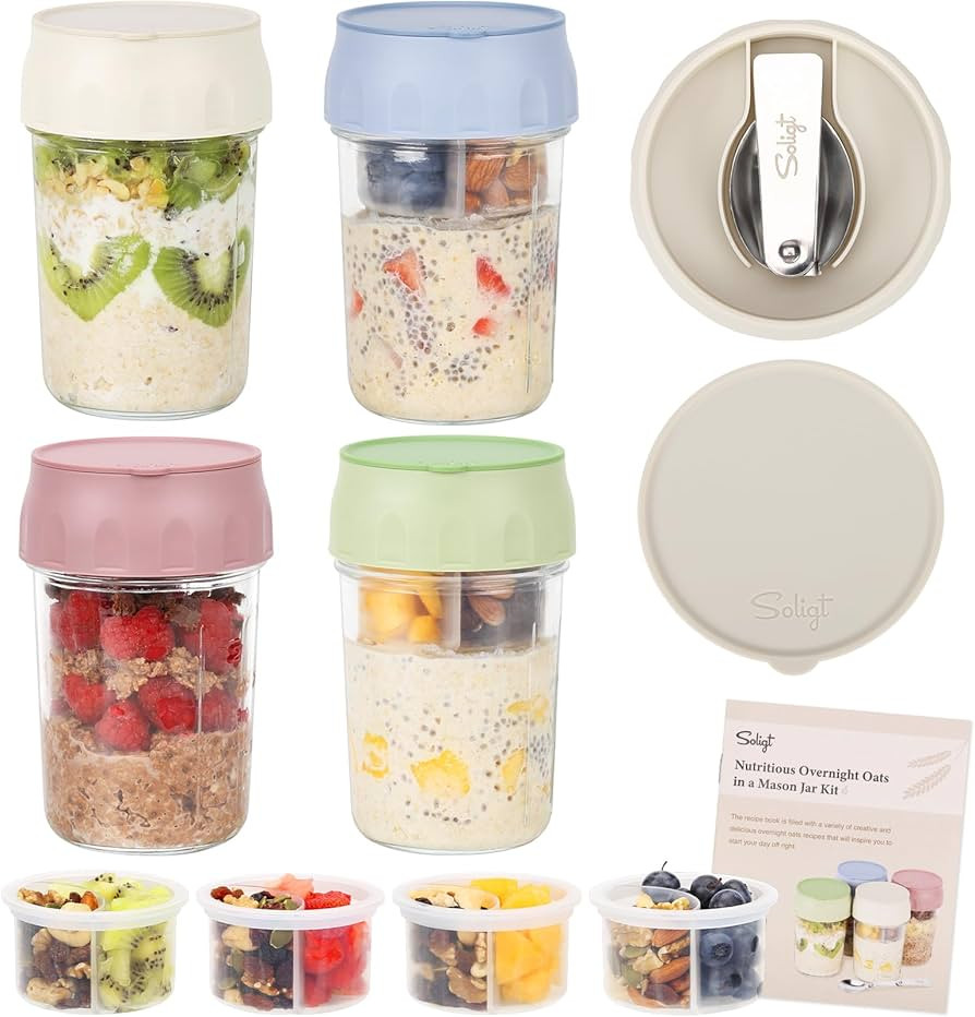 SOLIGT 4 Pack Overnight Oats Containers with Lids, Folding Spoons and Divided Compartments for Fr... | Amazon (US)