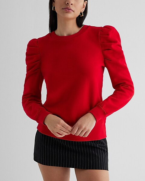 Crew Neck Puff Sleeve Fleece Sweatshirt | Express