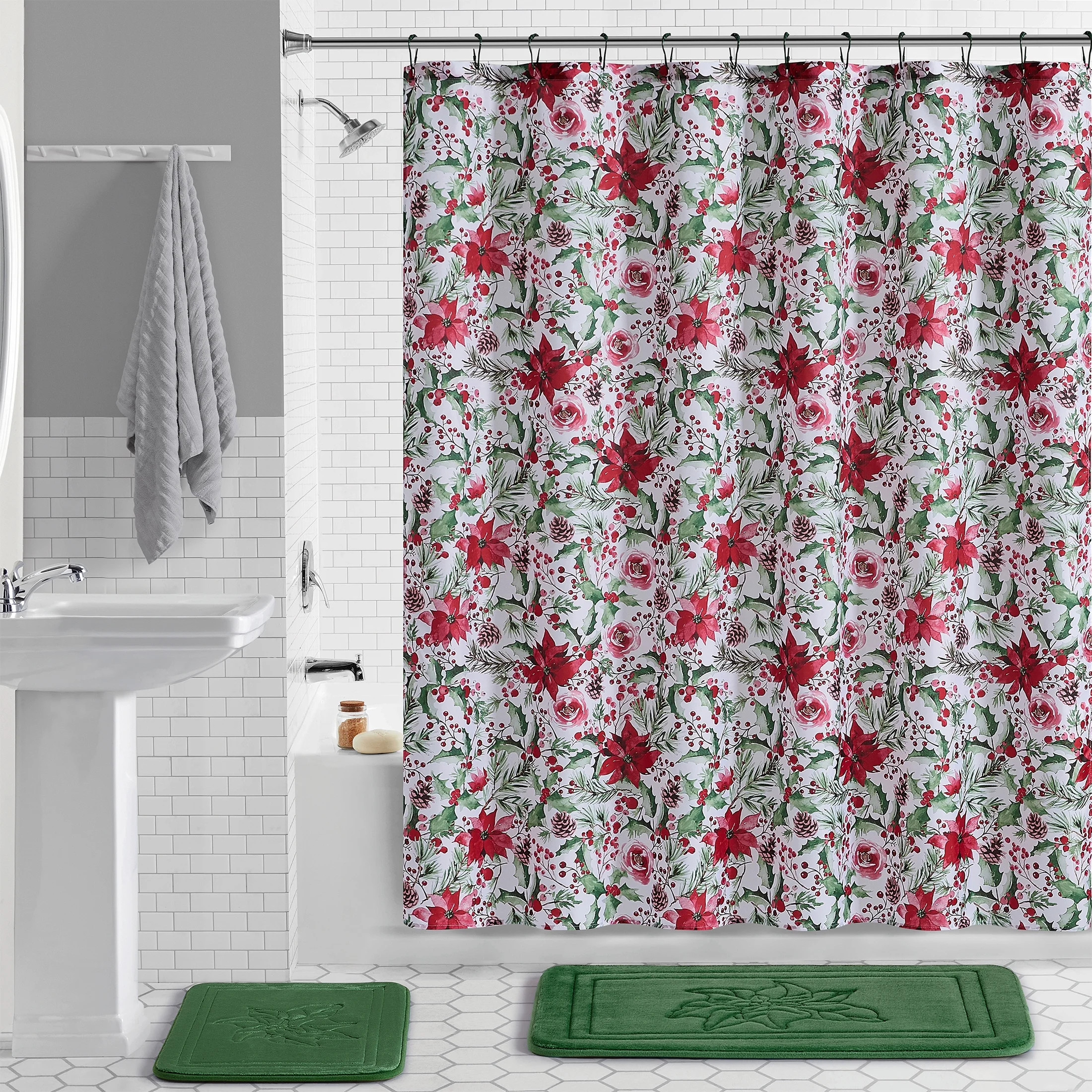 VCNY Home 15-Piece Holiday Poinsettia Shower Curtain Bath Set, White | Walmart (US)