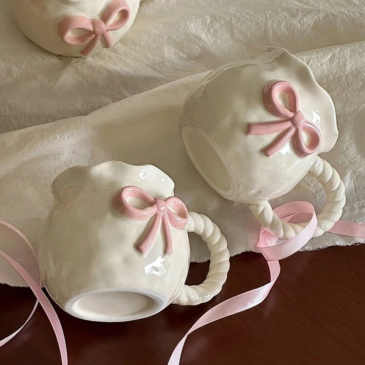 1pc Creative 3D Embossed Hand-Painted Bow Design Ceramic Coffee Mug With Ribbon, Delicate Packagi... | SHEIN