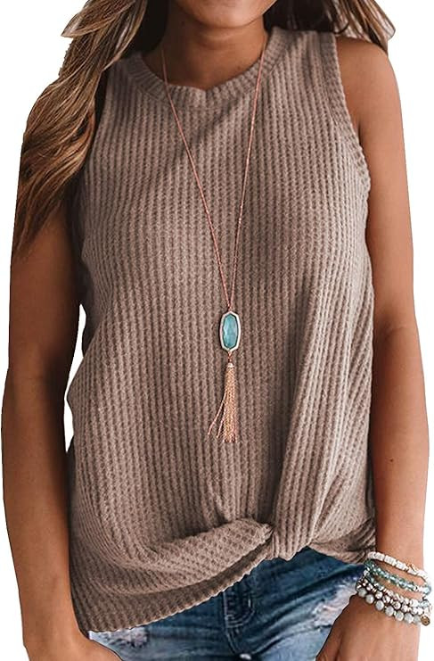 MIHOLL Womens Casual Tops Sleeveless Cute Twist Knot Waffle Knit Shirts Tank Tops | Amazon (US)