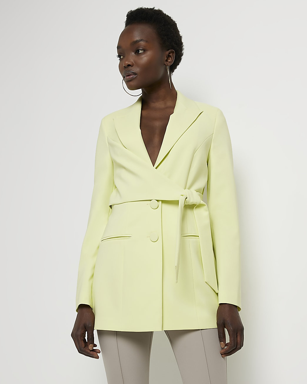 River Island Womens Yellow tie front long sleeve blazer | River Island (US)