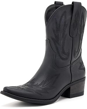 Western Embroidered Women's Cowboy Boots - Pointed Toe, Chunky Heel, Mid-Calf Cowgirl Boots with ... | Amazon (US)