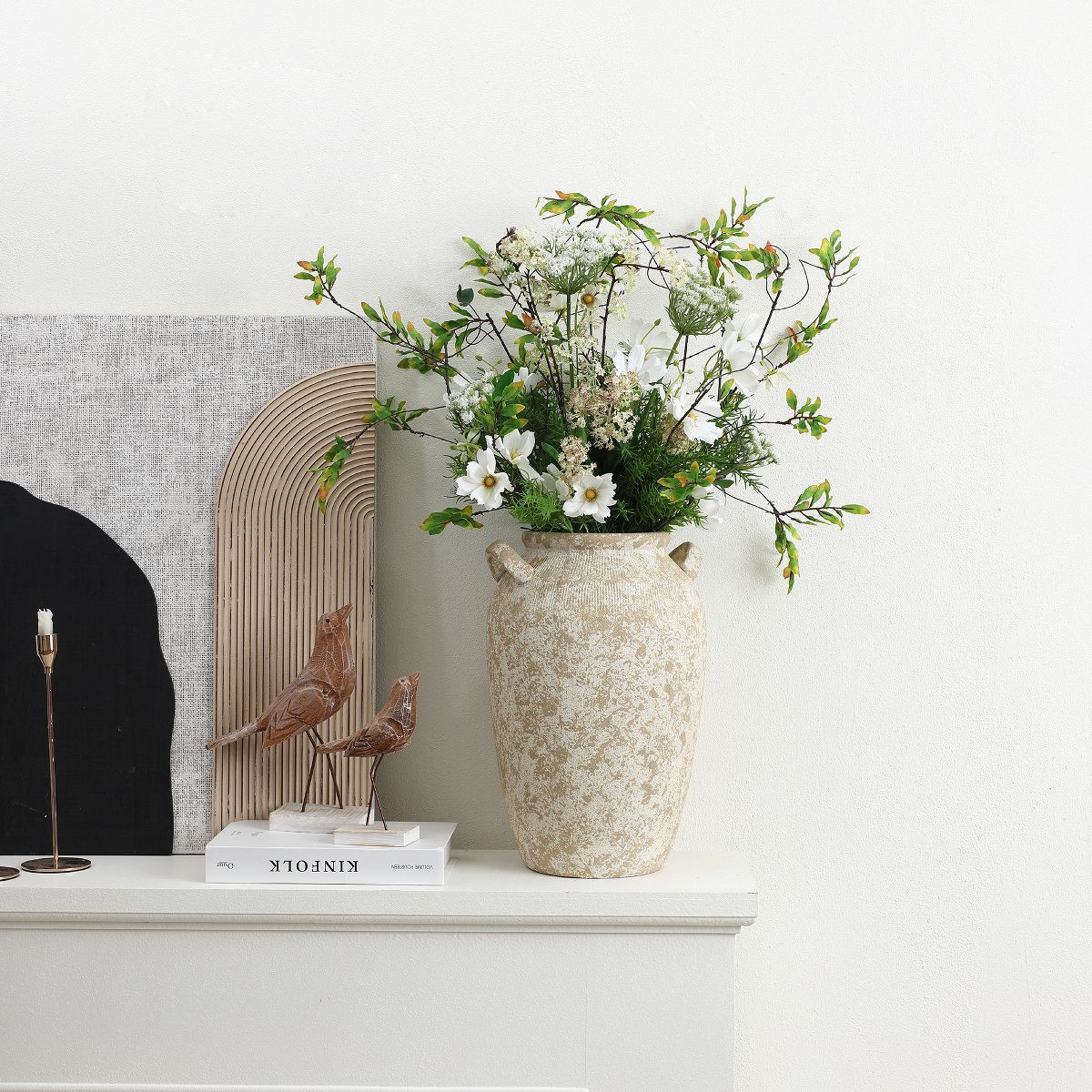 LuxenHome Vintage Pottery Off-White with Brown 15.75-Inch Tall Round Ceramic Vase Multicolored | Target